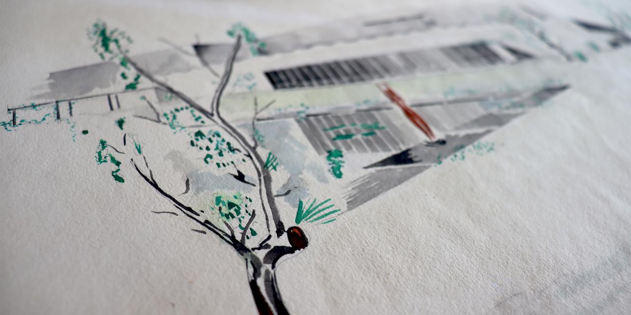 Bygning med et træ foran