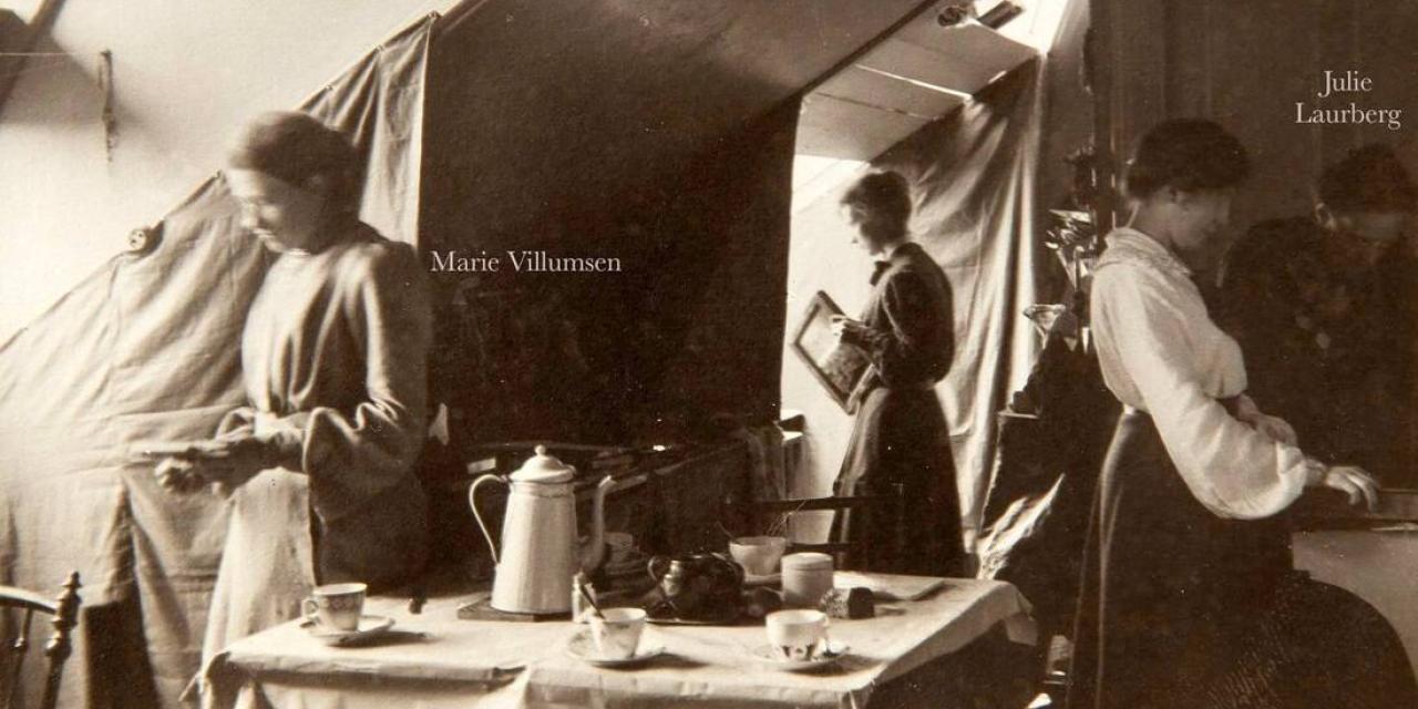 Studio with sloping walls. On the far left is Mary Willumsen. On the far right is Julie Laurberg.