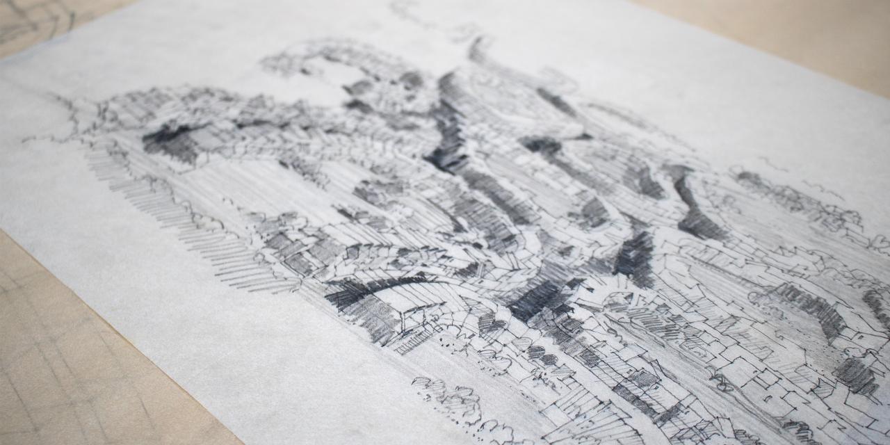 Close-up af en arkitekturtegning. By.