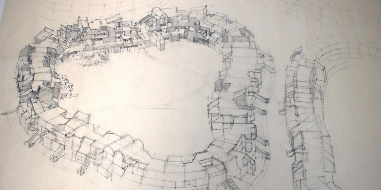 Close-up af en arkitekturtegning. By.