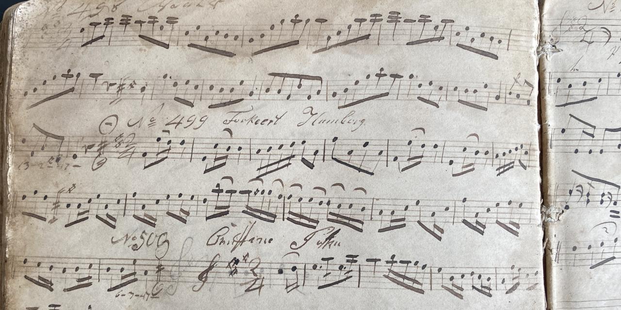 Billede af Jacob spillemands gamle nodebog. Side med noder.