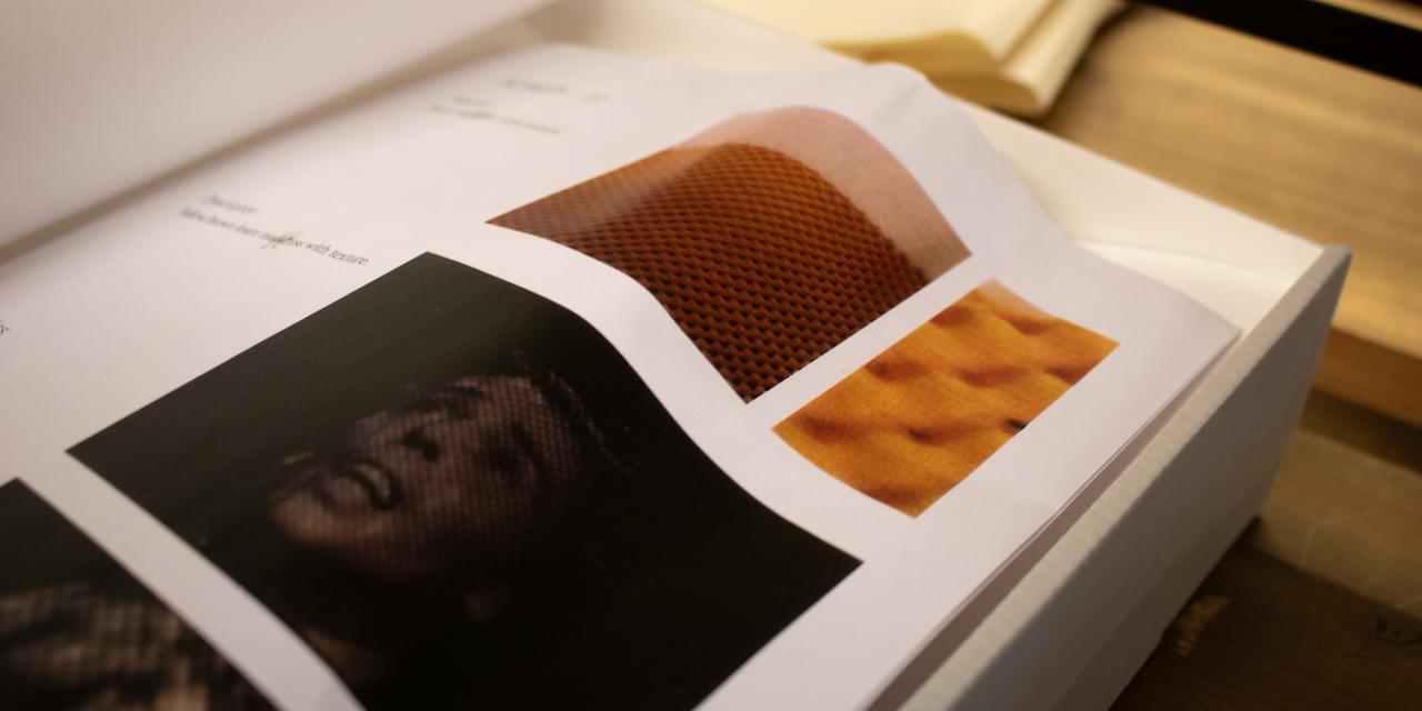 Billede af side i en mappe med billeder af tekstur og en kvindes ansigt.