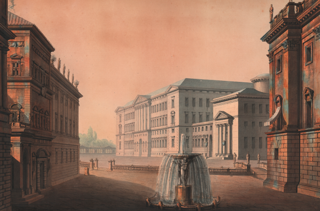 Maleri med motiv af teaterbygning og springvand 1815