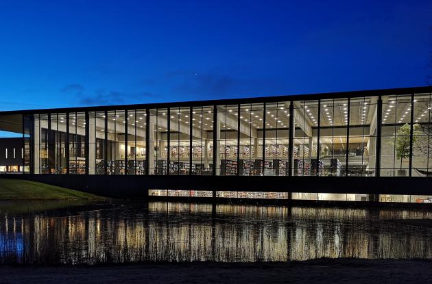 Roskilde University Library. The building seen from the outside at night