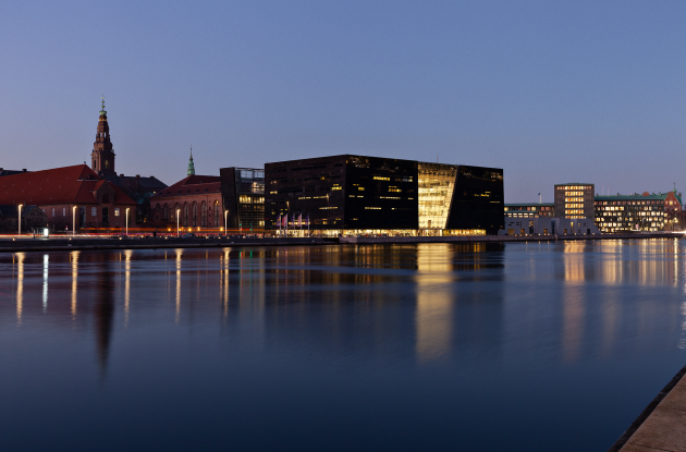 The Black Diamond in evening lighting across the canal