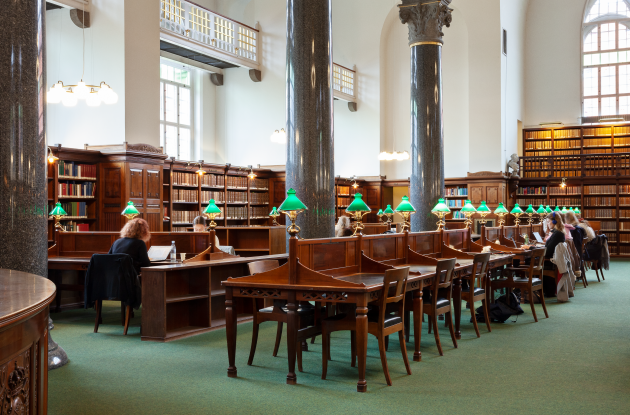 Reading room with classic green reading room lamps. The Royal library