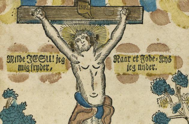 Illustration of Jesus Christ hanging on the cross. At his feet sits the Virgin Mary.