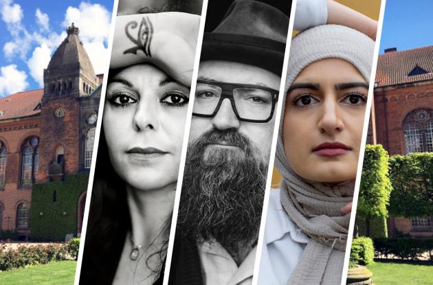 Press photos of the authors Shadi Angelina Bazeghi, Claus Høxbroe and Naiha Khiljee are inserted into a picture of the Library Garden.