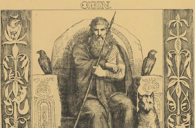 Illustration of Odin sitting on his throne with a large spear. By his side sit two ravens and two wolves.