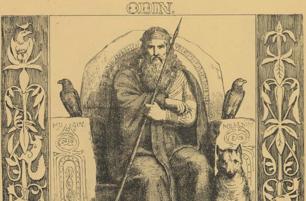 Illustration of Odin on his throne with two ravens and two wolves