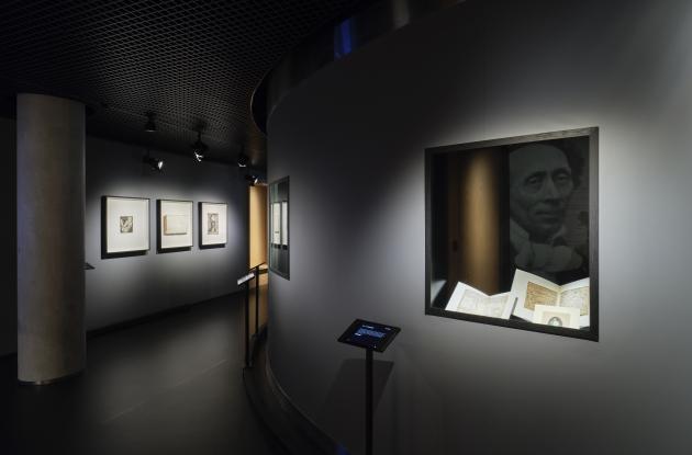 A look into the treasures exhibition with Hans Christian Andersen's showcases in the front