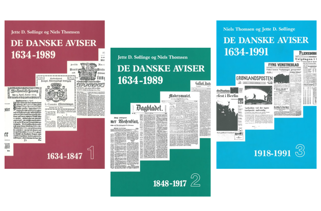 Forsider af trebindsværkert De danske aviser
