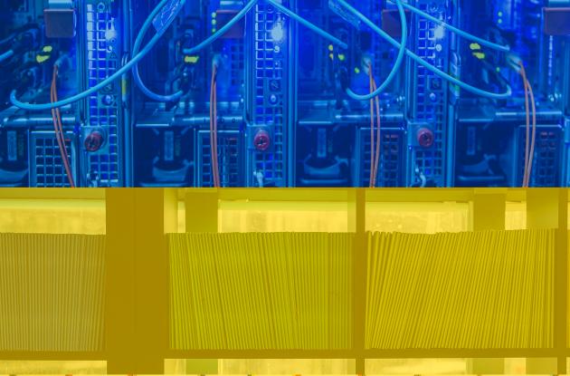 The colours in the flag of Ukraine inserted over of server and books