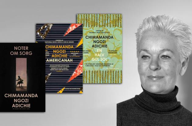Ulla Rahbek og forsiderne til tre af Chimamanda Adichies romaner
