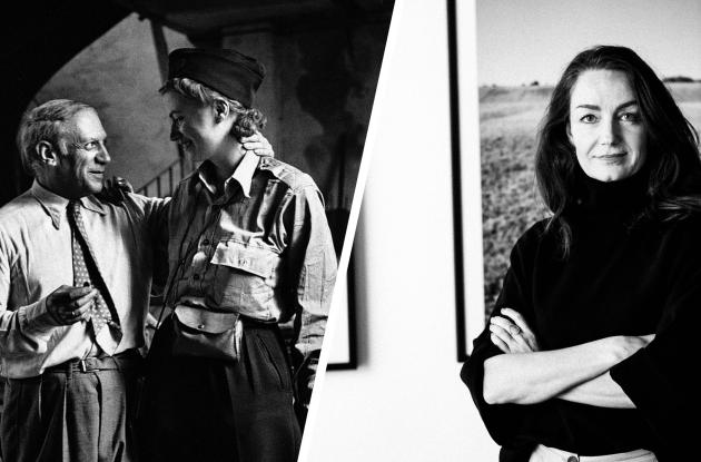 Black and white split image of Lee Miller with Picasso and Charlotte Schwartz