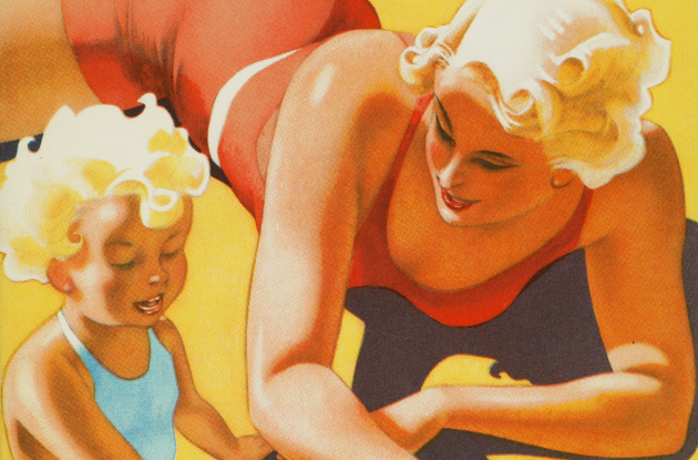 Mother and child on beach. Advertising poster Rejseliv