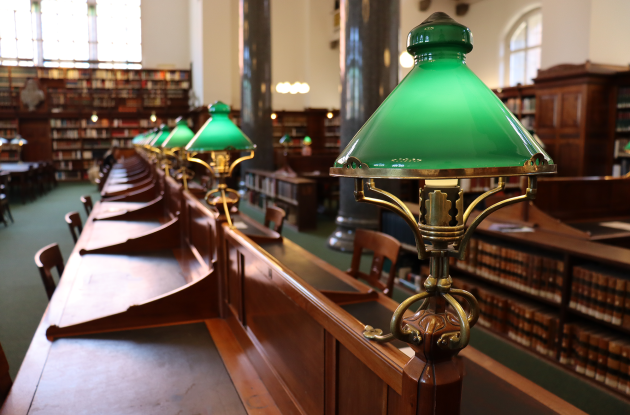 Green lights in Royal Danish Library's old reading room in Copenhagen