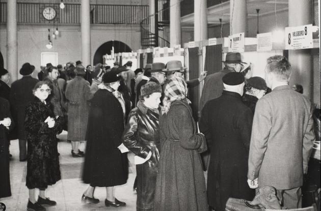 Men and women queuing at the polling booths