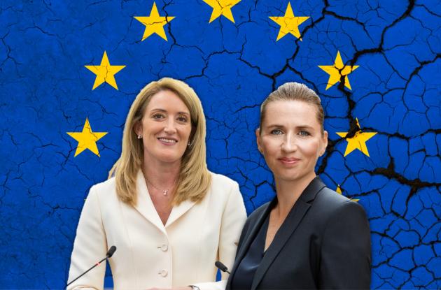 Graphic with Prime Minister Mette Frederiksen and President of the European Parliament in front of the European flag.