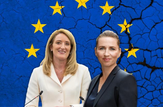 Grafik med statsminister Mette Frederiksen og formand for Europa-parlamentet foran Europaflaget.