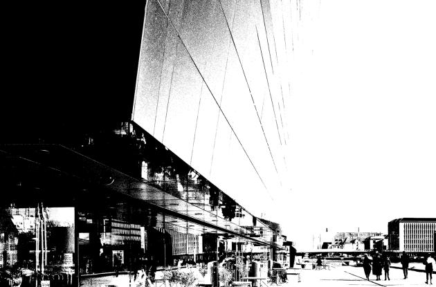 Graphics in black and white showing The Diamond's facade