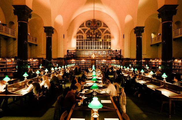 Old Reading Room illuminated in atmospheric colours in the evening