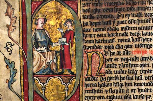 Side fra norsk lovbog med illustration af to personer i dialog