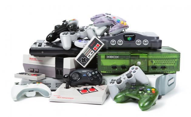Pile of game consoles