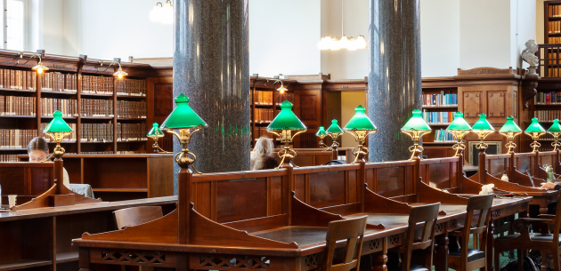 Reading room with classic green reading room lamps. The Royal library