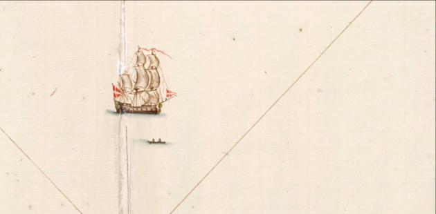 East Indian merchant vessel, segment from nautical charts, 1730