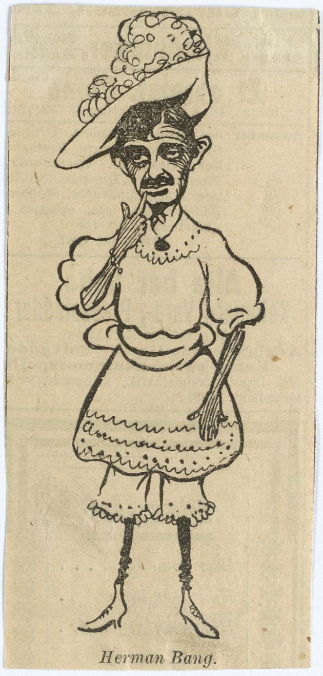 Caricature drawing of author Herman Bang in a dress