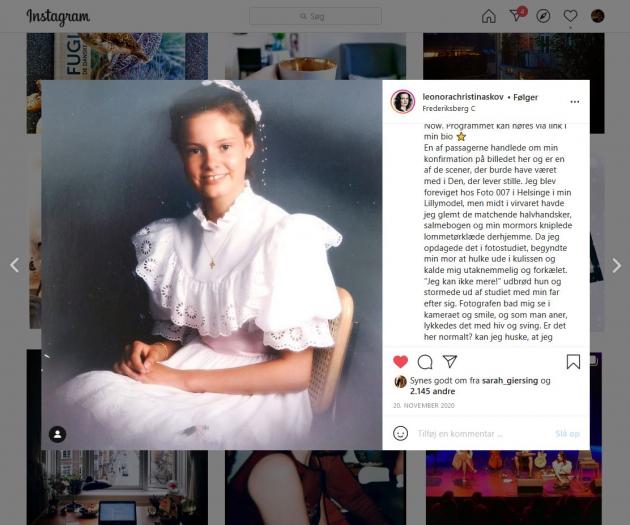 An Instagram post with text and photo, in which she poses as a young woman for a school photo