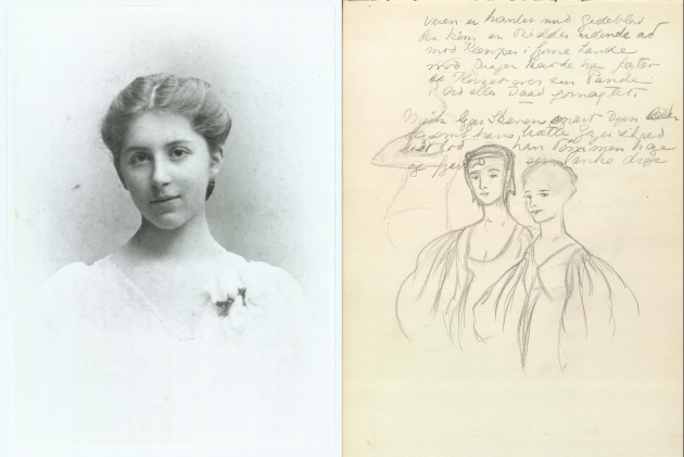 Image composed of 2 images - Karen Blixen as a young woman and Blixen's sketches of two women.