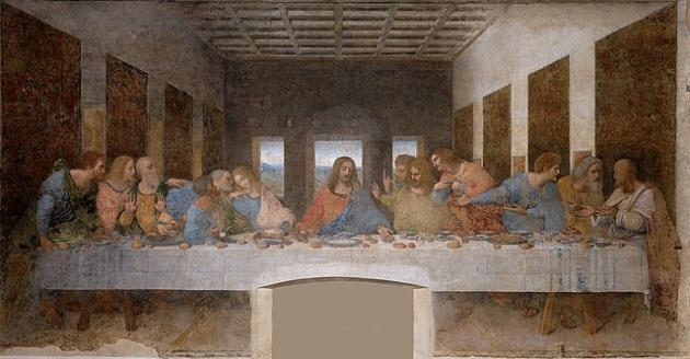 Jesus sits at a table surrounded by his 12 apostles