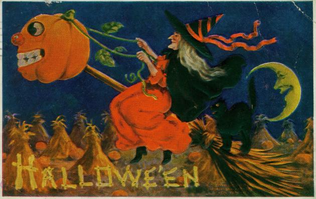 Witch flies across a field on her broom. A black cat is sitting behind her and in front is a pumpkin head.