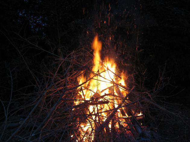 A bonfire burns in the night. Stars are seen in the background.