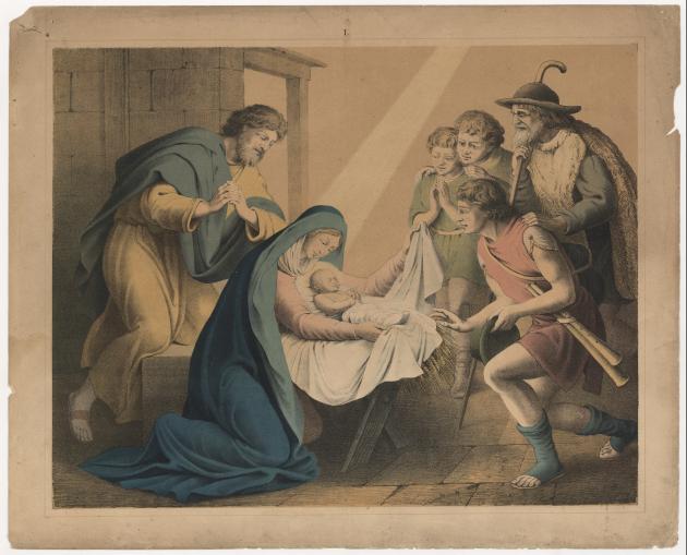 Illustration af Jesu fødsel med jomfru Maria, Josef og de tre vise mænd. 