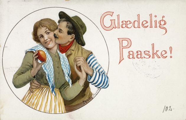 Postkort med teksten: Glædelig Paaske! Tilhørende illustration forestiller et ung forelsket par.