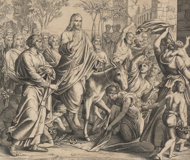 Illustration af Jesus, der ridder ind på Jerusalem på et æsel.