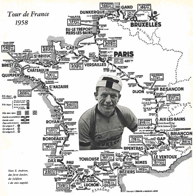 Tour de France route 1958 with photo of Hans E. Andresen inserted