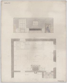 Arkitekturtegning af Agnete Laub Hansens egen stue set oppefra og fra siden