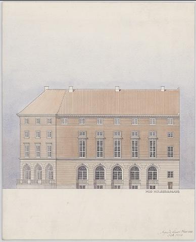 Architectural drawing of a tall, yellow building