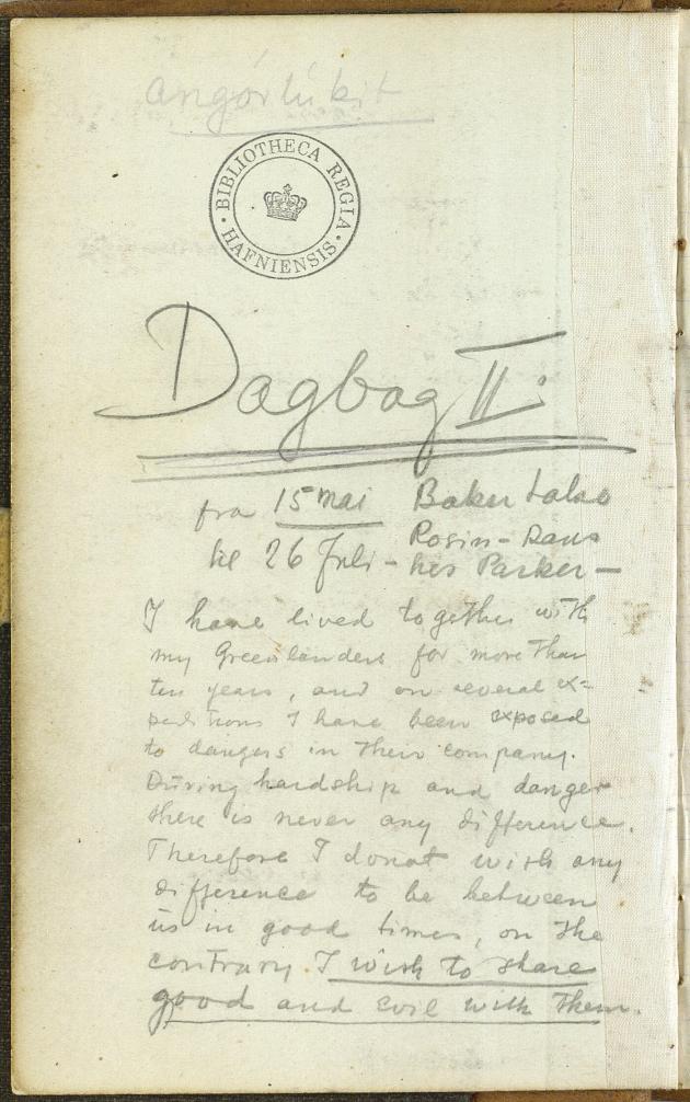 Udklip af første side af Knud Rasmussens dagbog.