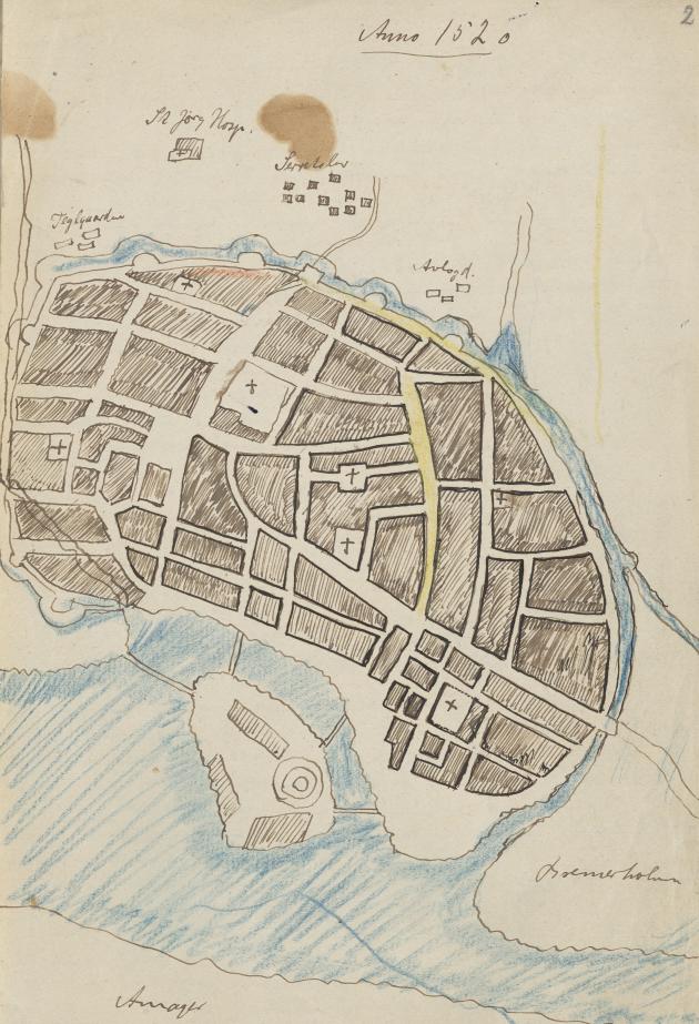 Image of Johannes V. Jensen's drawing of Copenhagen in 1520.