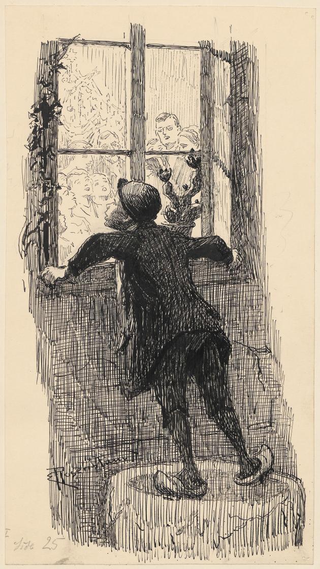 Drawing of a poor boy looking through a window at a family celebrating Christmas.