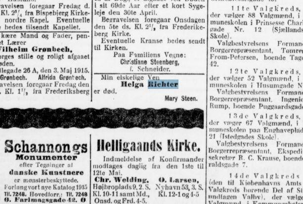 Obituary from Helga Richer's death in 1915 by Mary Steen.
