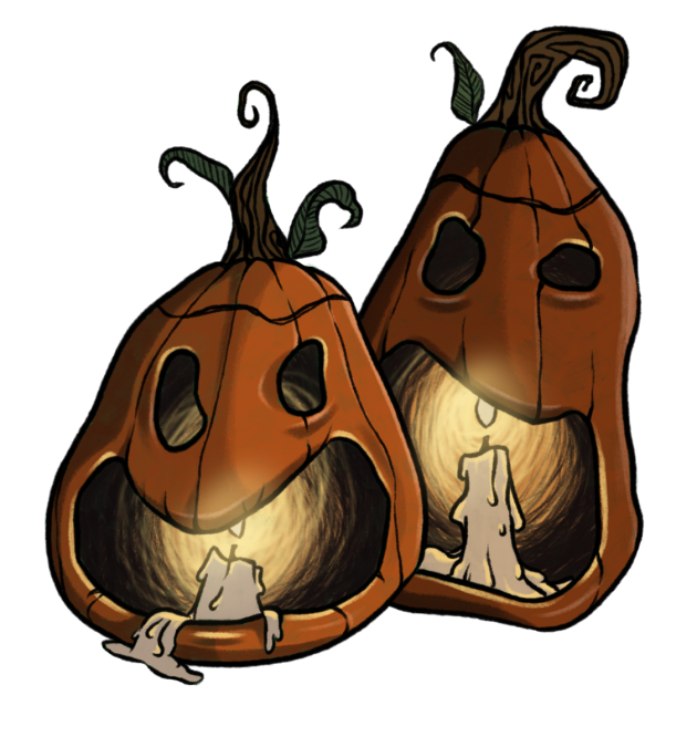 Two drawn pumpkins with faces and candles.