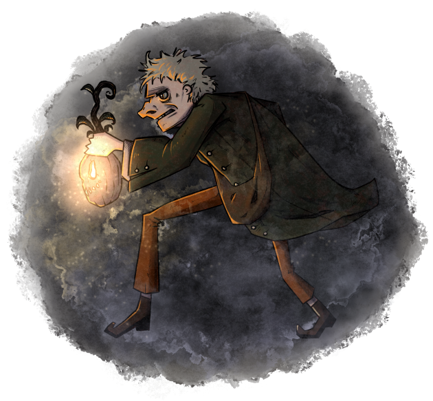 Sketch of Jack - he walks with a glowing turnip in his hand, in which a face is carved.