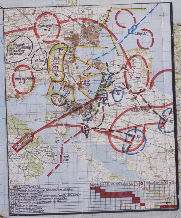 Kort over Middelfart med røde, gule og blå markeringer.