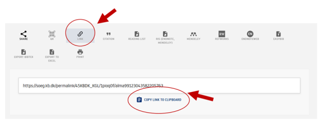 Screenshot from the library system with link button and the button to copy link are circled
